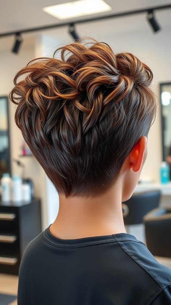 A voluminous curly top pixie haircut with smooth sides, showcasing texture and shape.