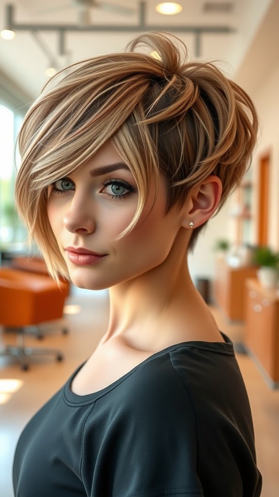 A woman with a wavy pixie bob hairstyle and side bangs, showcasing a stylish and modern look.