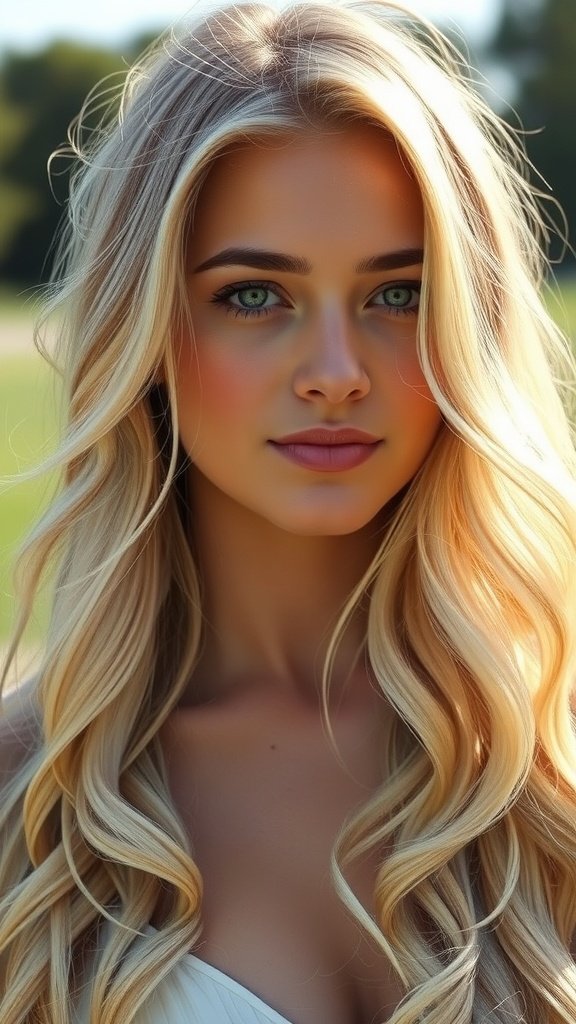 A woman with long, wavy hair styled in an angelic pearl blonde balayage, showcasing soft blonde tones.