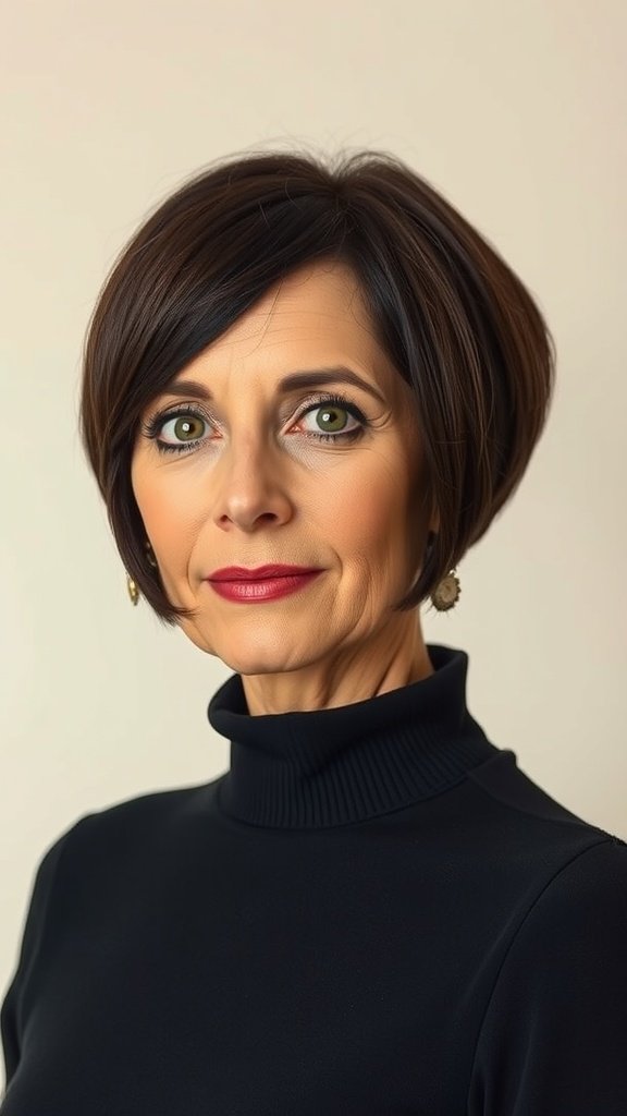 A woman with an angular bob hairstyle featuring sharp edges, wearing a black turtleneck.