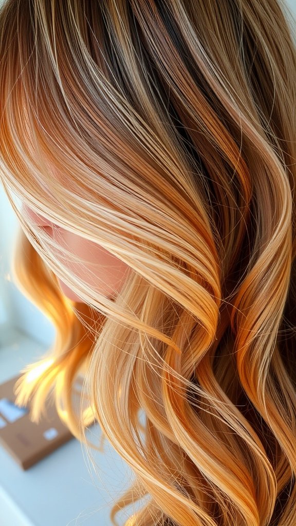 Close-up of hair styled in soft waves, showcasing ash blonde color with fiery copper undertones.