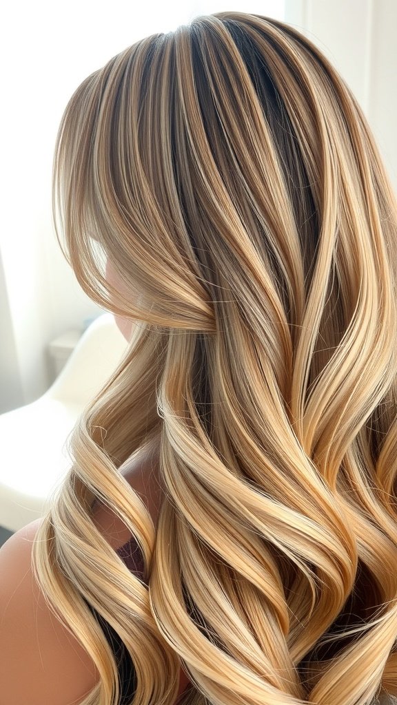 A hairstyle featuring blonde hair with espresso lowlights, showcasing waves and dimension.