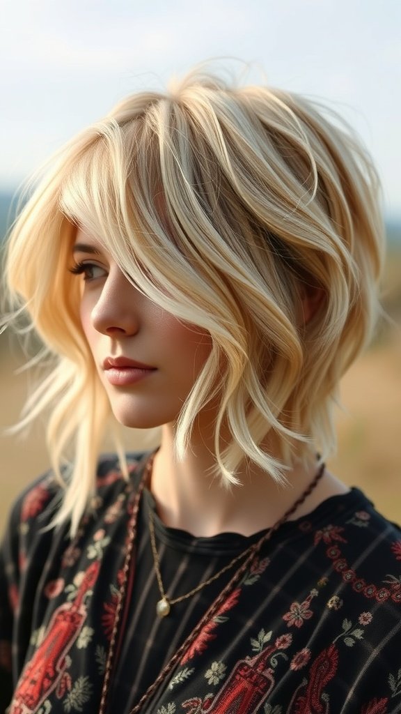 A woman with a boho bixie haircut featuring soft blonde highlights, wearing a floral patterned top.