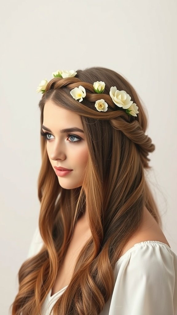 A young woman with a braided halo crown hairstyle adorned with white flowers, showcasing long, flowing hair.