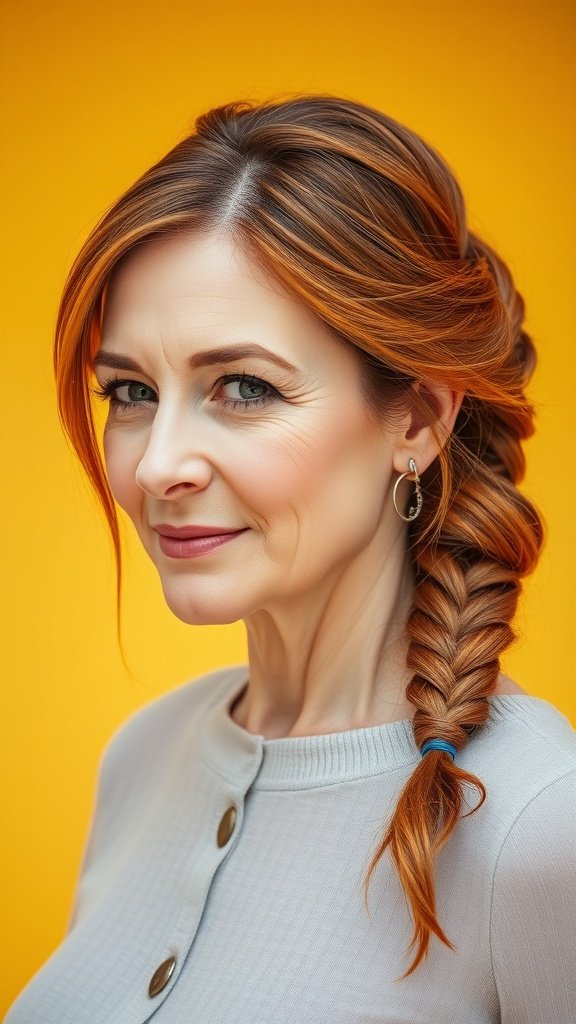 A woman with a braided low chignon hairstyle, showcasing soft waves and a youthful appearance.