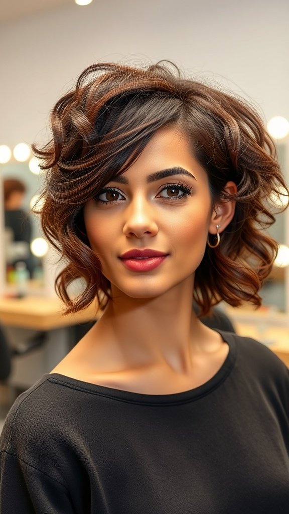 A woman with a chocolate brown pixie haircut featuring curls, showcasing a stylish and youthful appearance.
