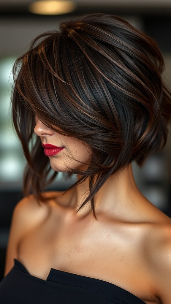 A woman with chocolate brown hair styled in chunky layers, showcasing a rich color and vibrant texture.
