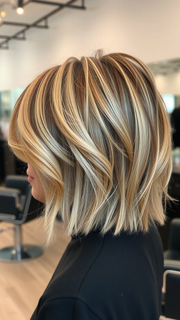 A choppy bob hairstyle featuring highlights and lowlights, showcasing texture and movement.