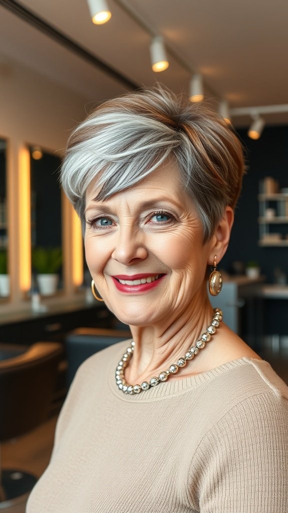 A woman over 60 with a classy tapered pixie hairstyle and a feathered crown, smiling confidently.