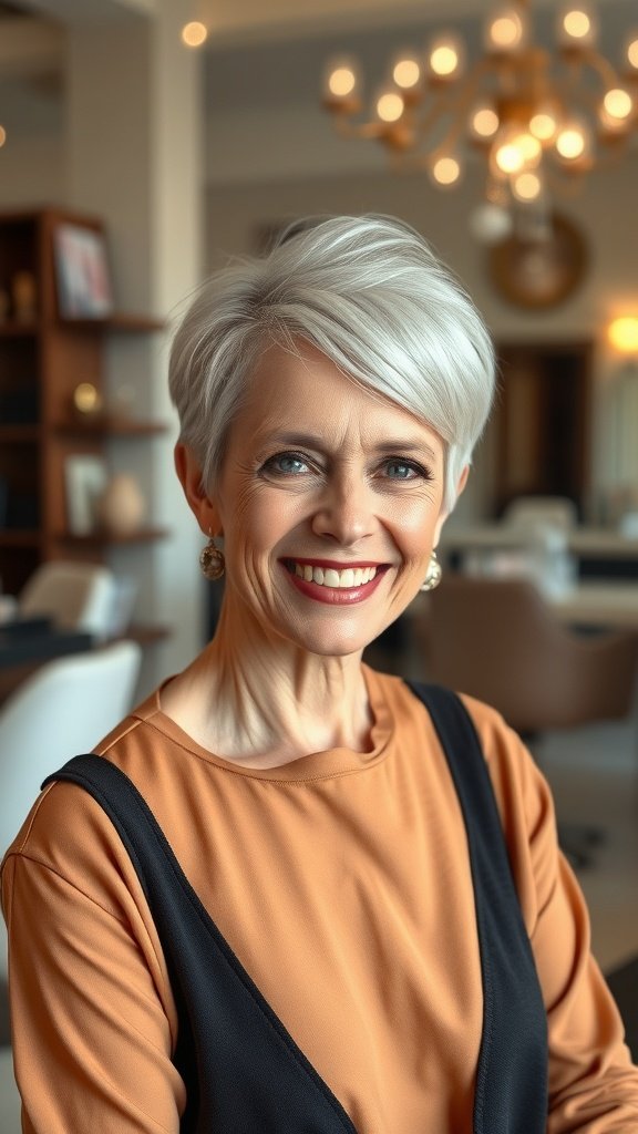 A woman with a classy tapered pixie hairstyle, smiling confidently in a stylish setting.