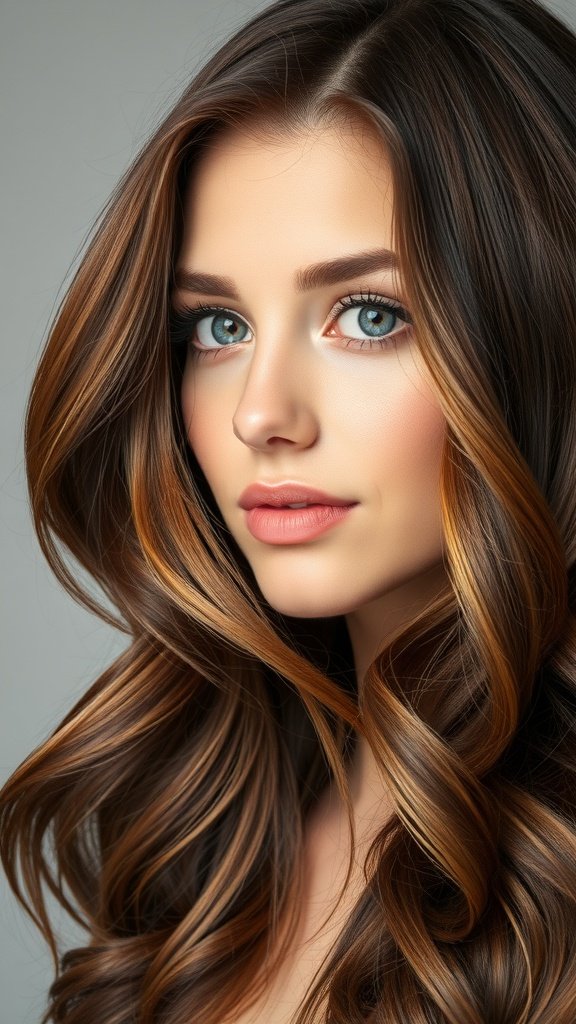 A woman with cool brown hair featuring warm blonde accents, styled in soft waves.