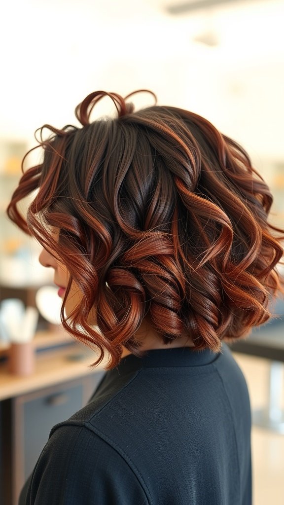 A stylish curly bob hairstyle with crown volume, featuring rich, warm tones.