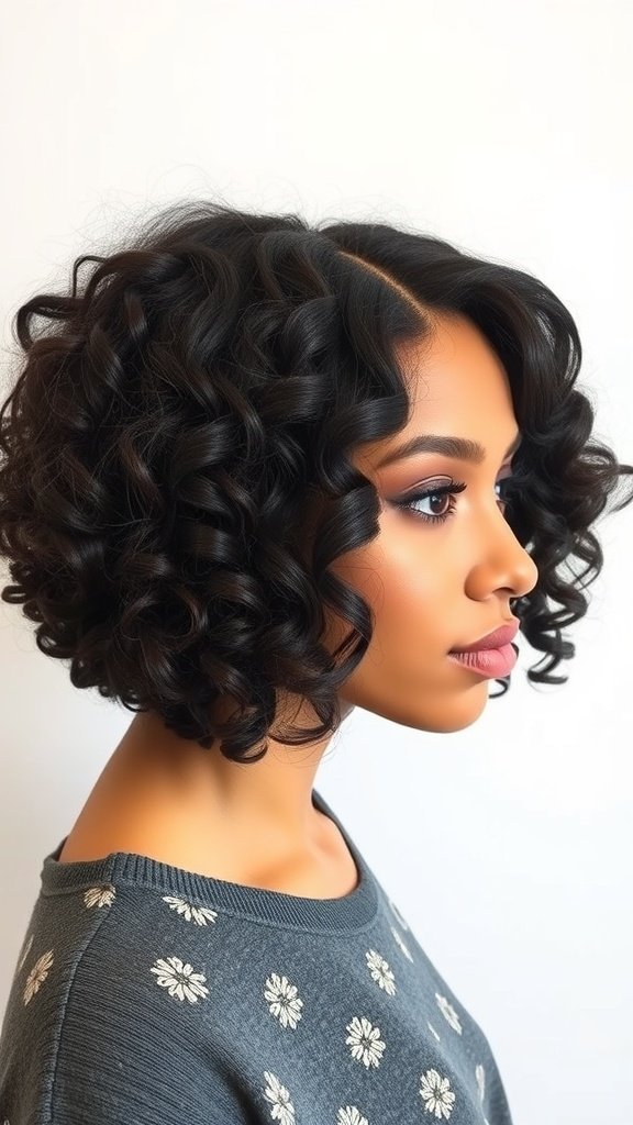 A woman with a curly bob hairstyle featuring a deep side part, showcasing bouncy curls and a stylish look.