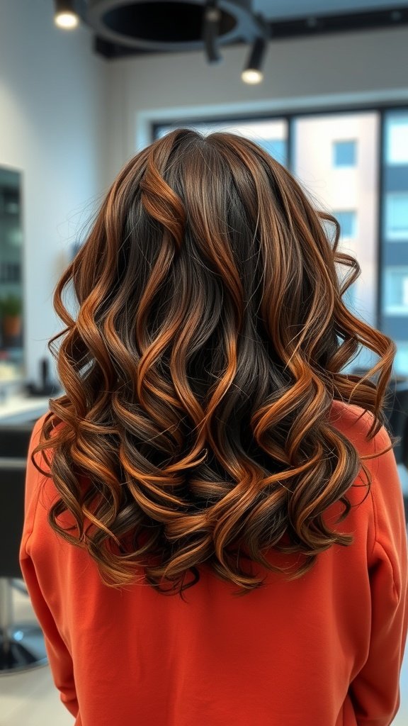 A woman with curly hair styled with blunt ends, showcasing rich, warm tones.