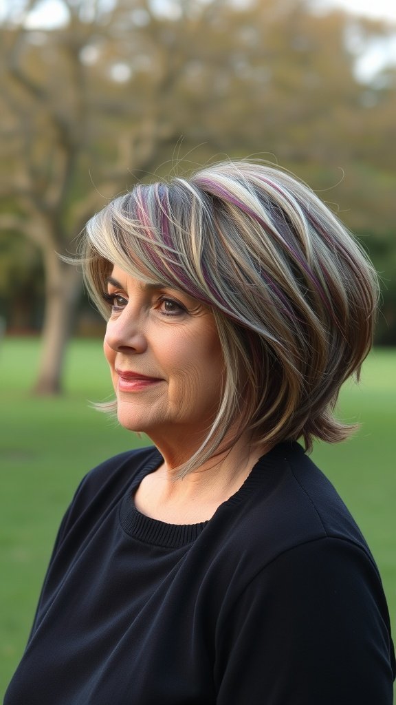 A woman with a dimensional pixie hairstyle featuring shadow root color and playful highlights.