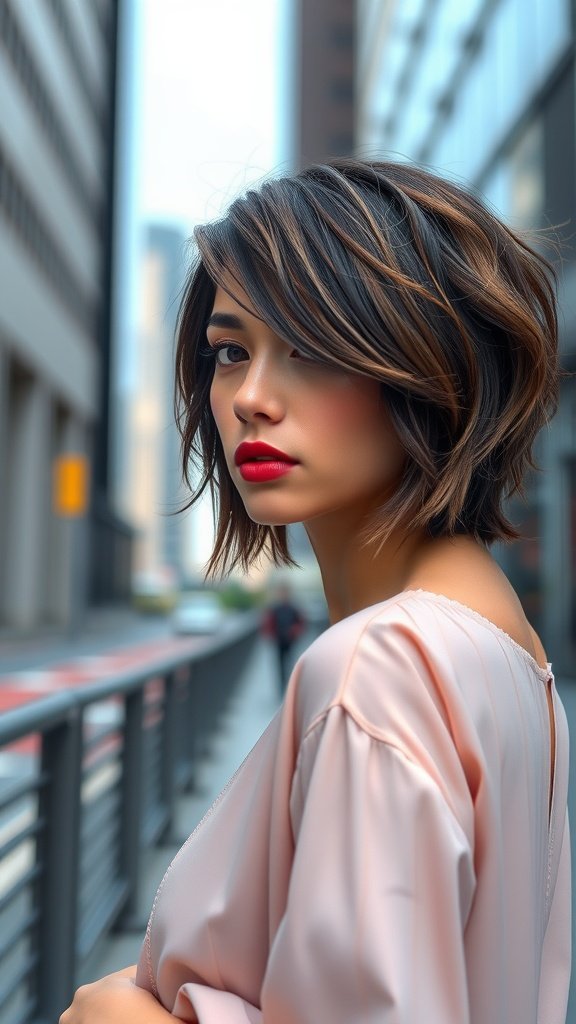 A woman with an edgy asymmetrical lob hairstyle, featuring tousled waves and subtle highlights, standing in an urban setting.