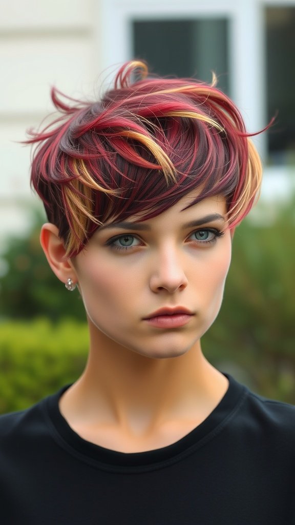 A model showcasing a feathered pixie hairstyle with highlighted tips, featuring vibrant colors and textured layers.