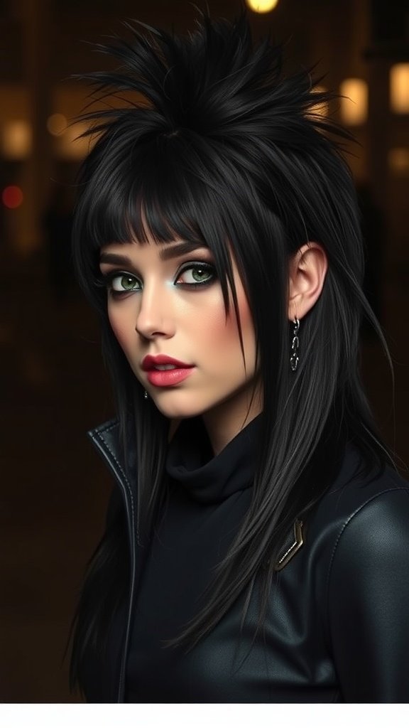 A woman with a Gothic black shaggy mullet hairstyle, featuring textured layers and bold makeup.