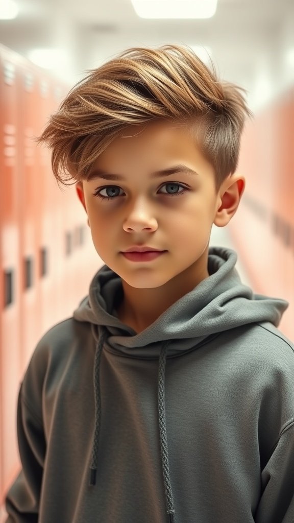 A boy with a long layered haircut standing in a school hallway.