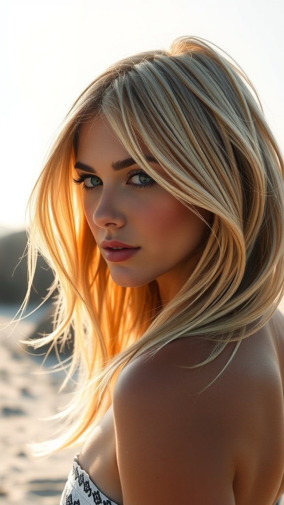 A woman with long razor cut hair styled in beach waves, showcasing a relaxed and chic look.