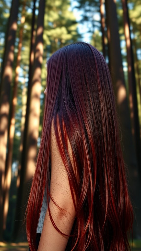 A person with long, dark red hair standing in a forest, showcasing a vibrant hair color.