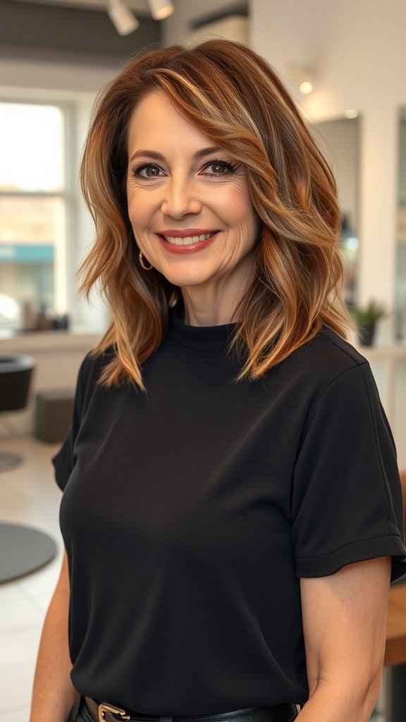 A woman with medium-length layered hair in warm brown, smiling in a salon setting.