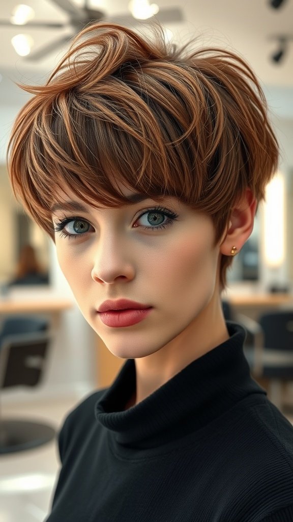 A woman with a messy textured crop hairstyle and fringe, looking stylish and confident.