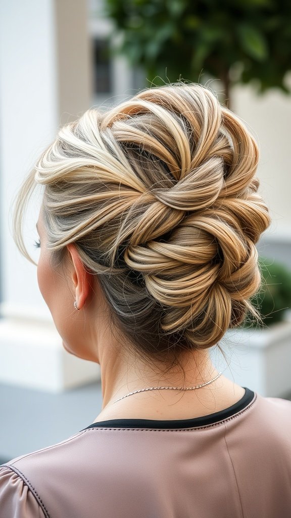 A woman with a messy updo hairstyle featuring twisted sections, showcasing a stylish and relaxed look.