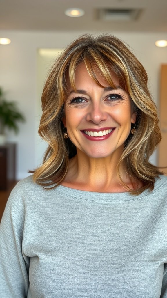 A woman with mid-length hair styled with soft flip and layers, smiling confidently.