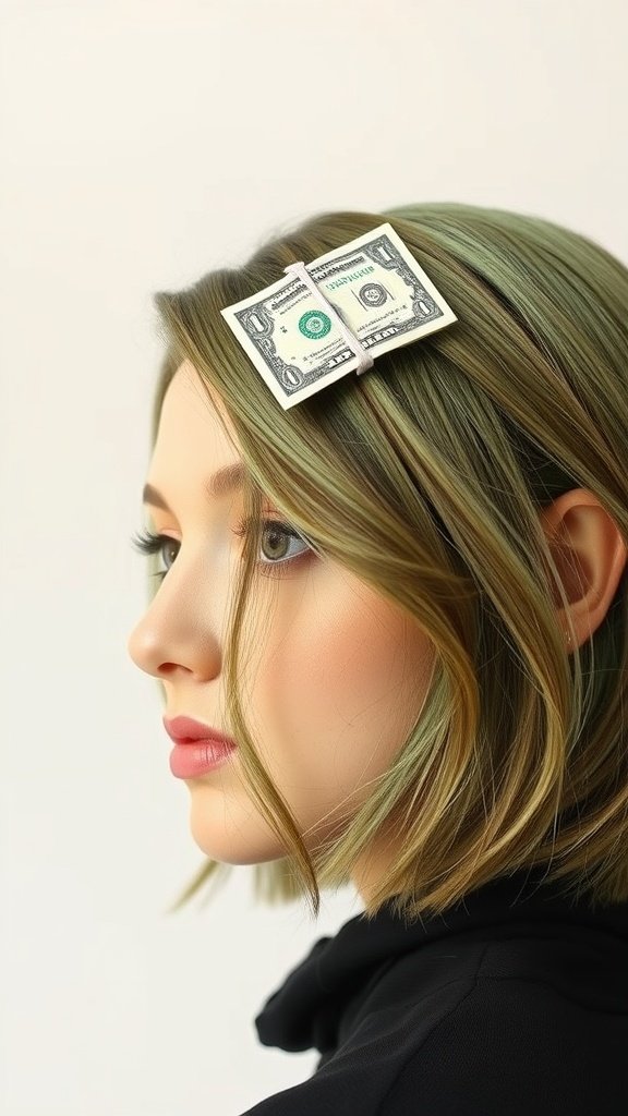 A model with olive green hair featuring a mint money piece, styled with a dollar bill hair accessory.
