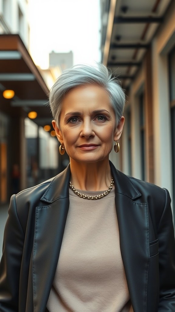 An older woman with a stylish pixie haircut, featuring a slicked-back top, wearing a black blazer and a light top, standing confidently in an urban setting.