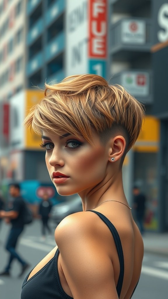 A stylish woman with a pixie haircut featuring twisted bangs and a shaved design, showcasing a modern and edgy look.