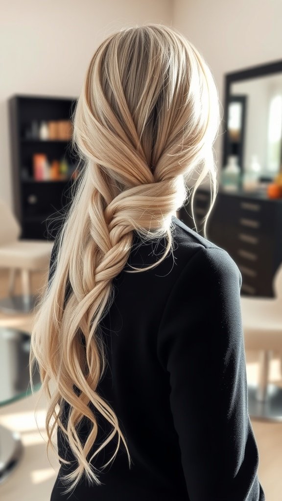 A beautiful platinum blonde waterfall braid hairstyle showcasing long, flowing hair.