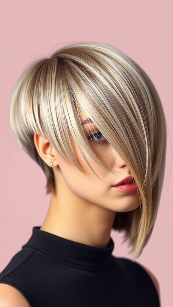 A woman with a razor-cut A-line bob hairstyle, featuring sharp angles and a sleek finish.