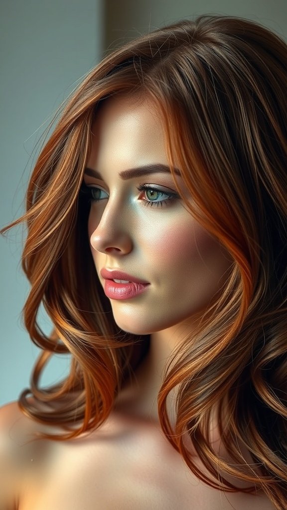 A close-up of a woman with russet tinged cascading hair, showcasing soft waves and highlights.