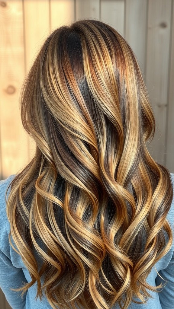 A beautiful hairstyle featuring rustic brown to soft gold ombre with wavy texture.