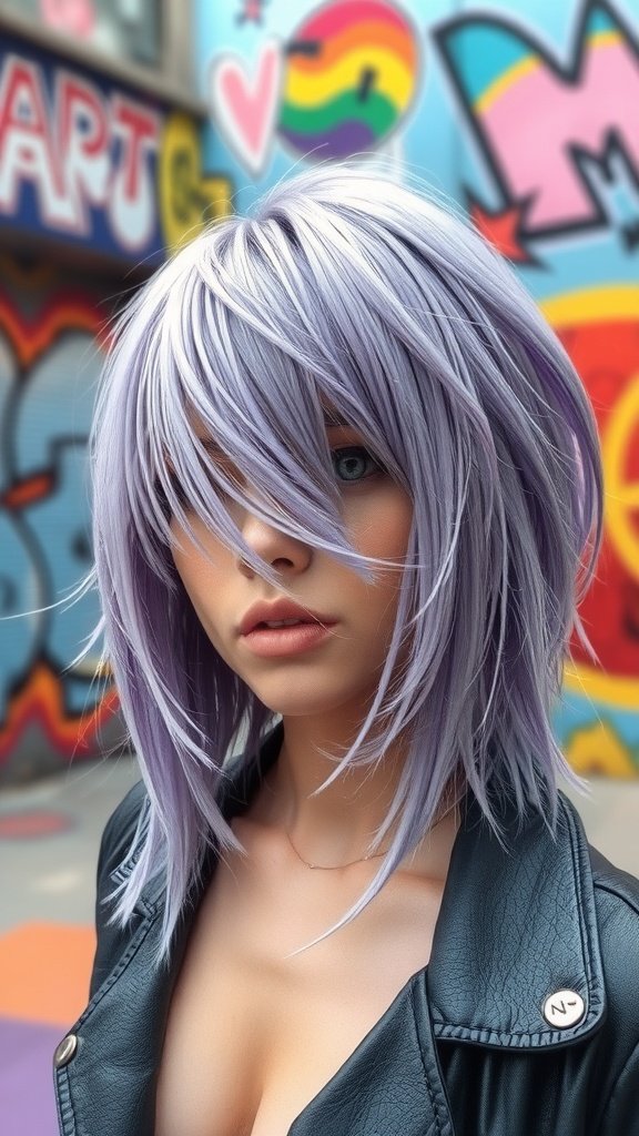 A person with a shag haircut featuring lavender highlights, standing against a colorful graffiti background.