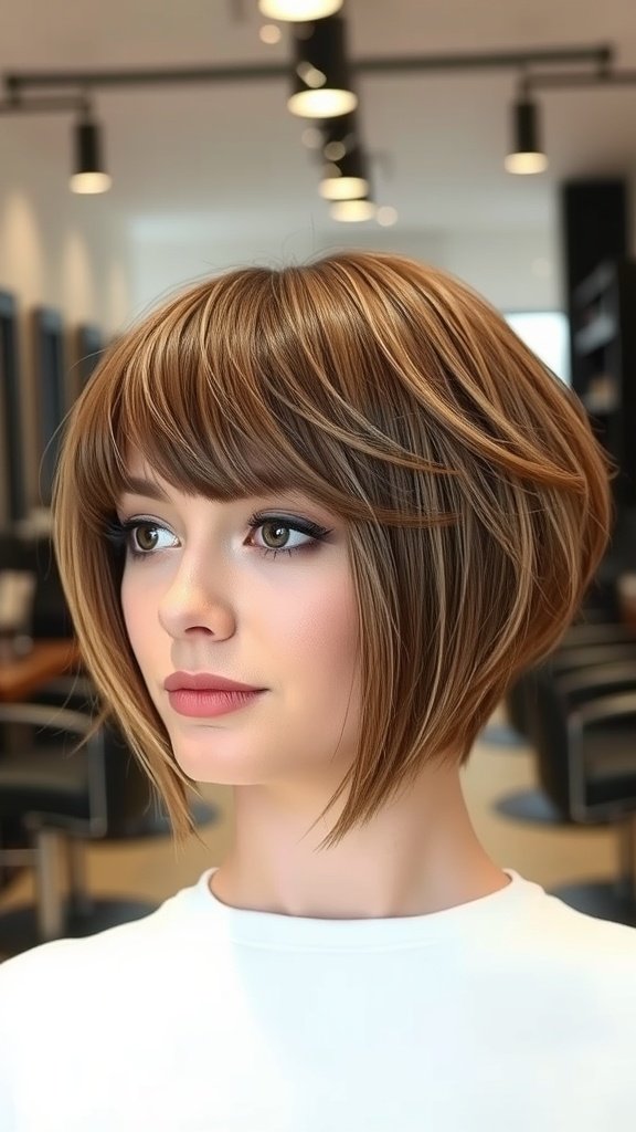 A woman with a short layered haircut and blunt bangs, showcasing a stylish and modern look.