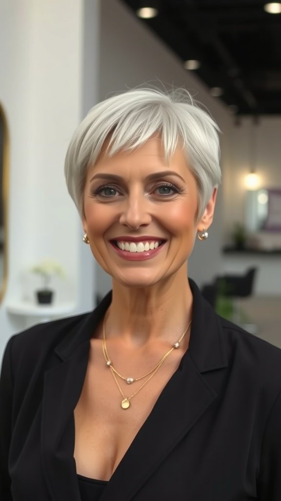 A woman with a short sleek haircut and blunt bangs, smiling confidently.