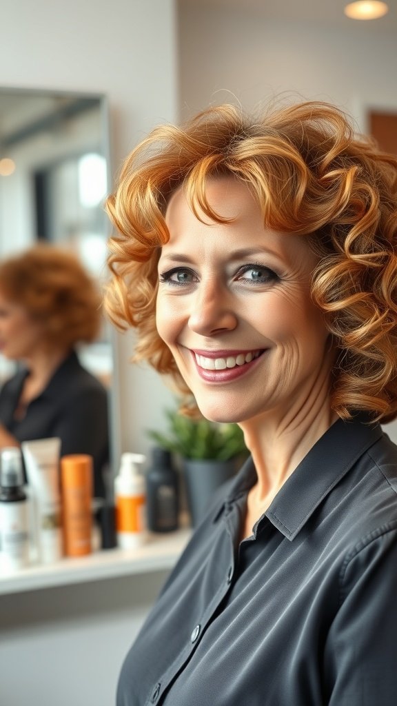 A woman with shoulder-length curly hair styled in uniform layers, smiling in a salon setting.
