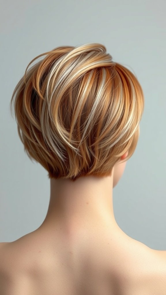 A back view of a copper pixie cut with silver streaks, showcasing a modern and stylish hair color combination.