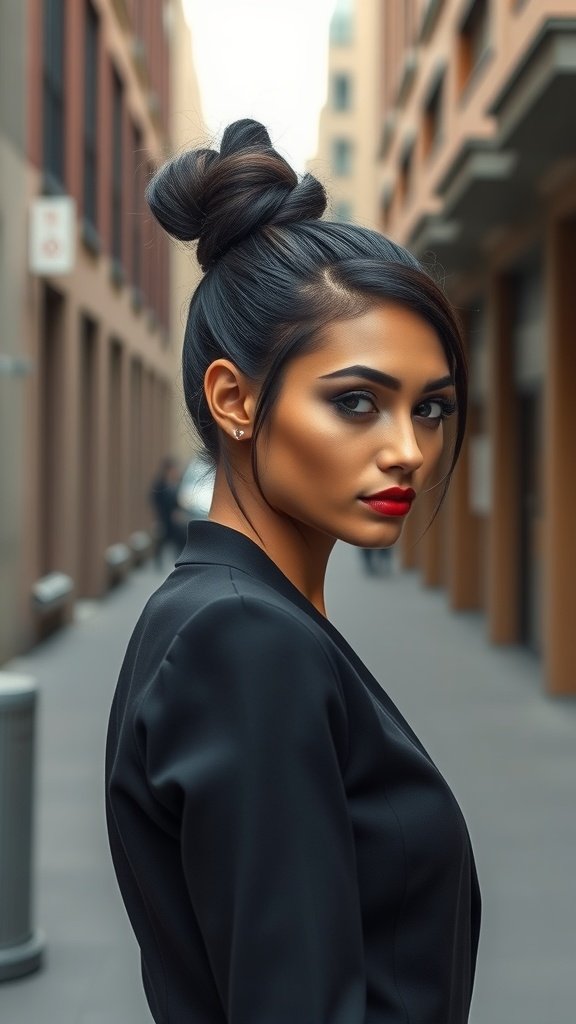 A woman with a sleek chignon hairstyle and subtle dark roots, wearing a black outfit and bold red lipstick.