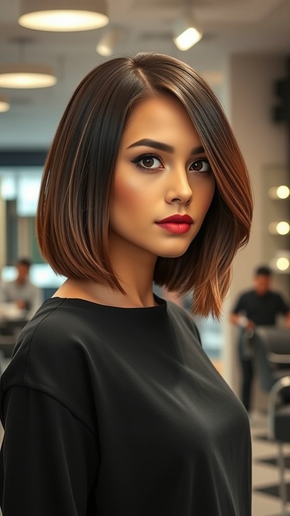 A woman with a sleek side-parted lob hairstyle, showcasing a polished and elegant look.