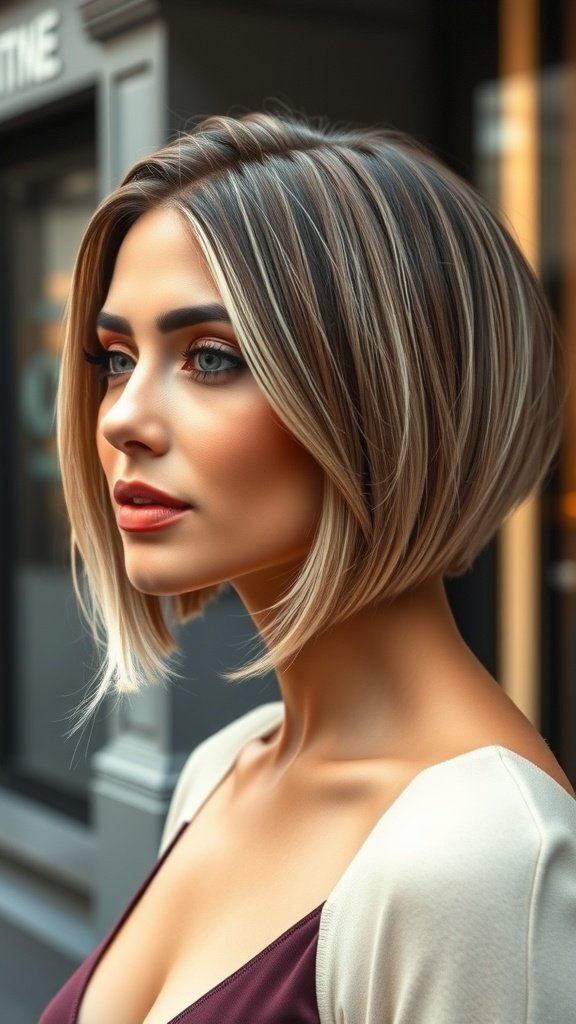 A woman with a slicked-back bob hairstyle featuring choppy undercut layers, showcasing a modern and stylish look.