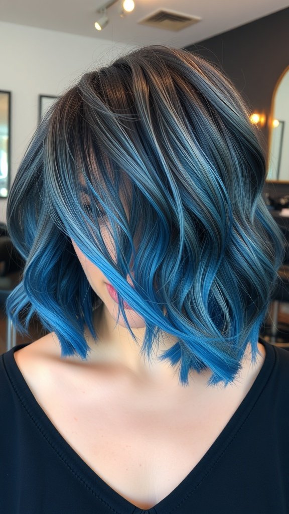A stylish smokey gray lob haircut with vibrant blue highlights, showcasing soft waves.