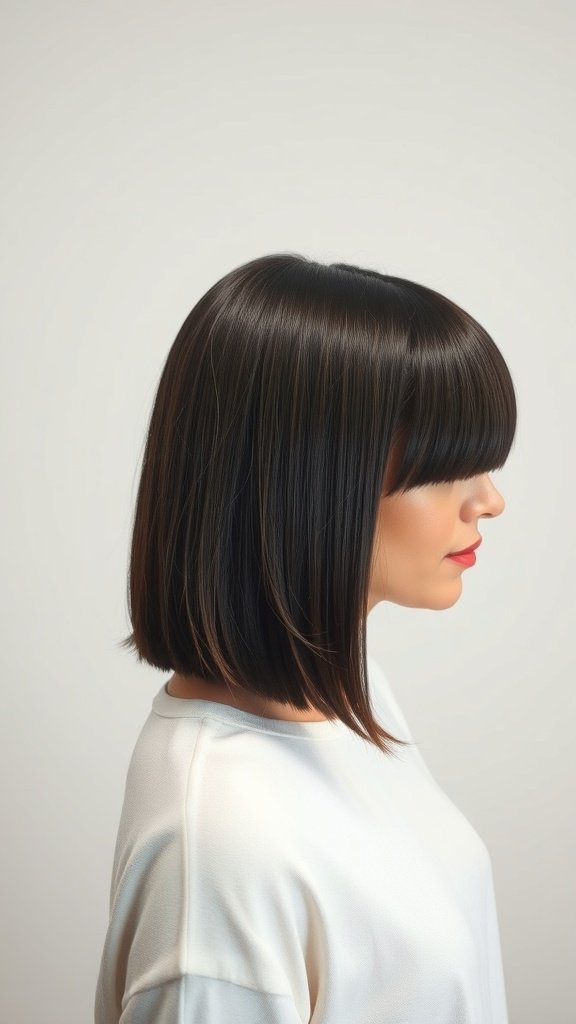 A woman with straight hair styled in a graduated bob cut, featuring bangs and a sleek finish.