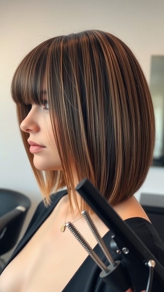 A woman with a straight mid-length haircut featuring blunt ends, showcasing a sleek and polished look.