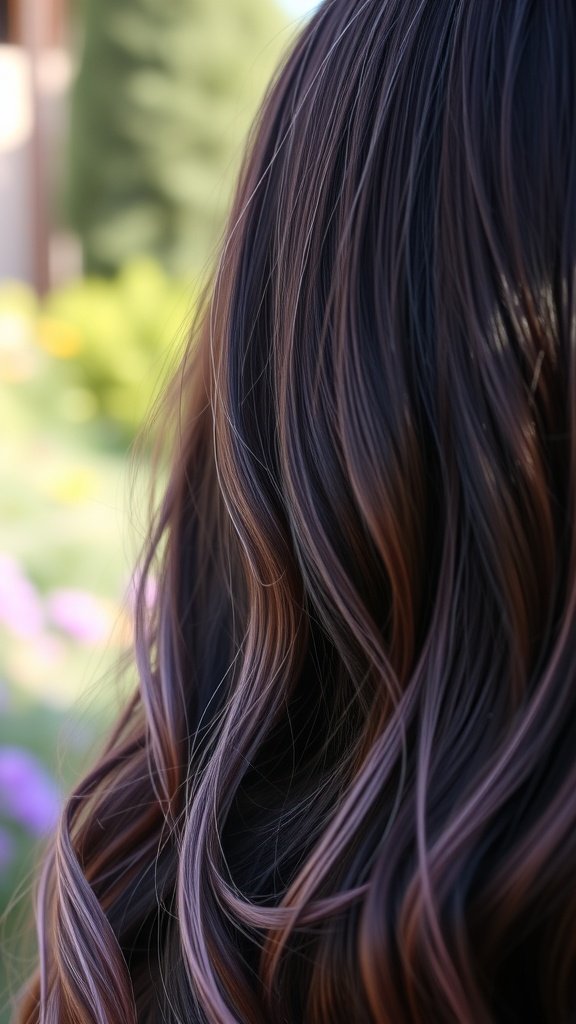 Close-up of deep brown hair with subtle lavender highlights, showcasing soft waves and a natural outdoor background.