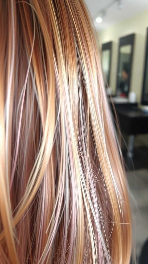 Close-up of light brown hair with subtle lavender highlights