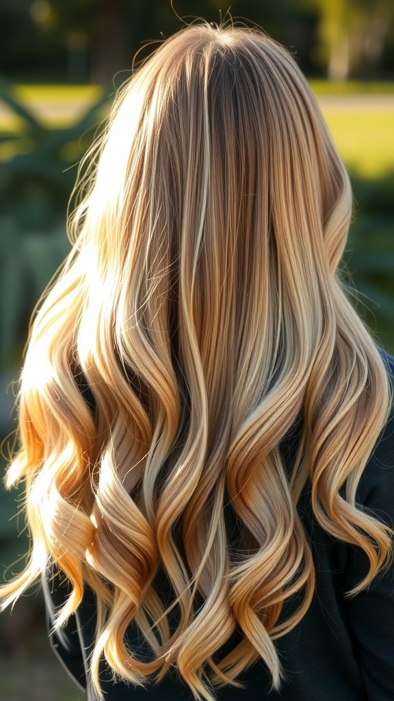 Long blonde hair styled in sunkissed ombre with soft waves.